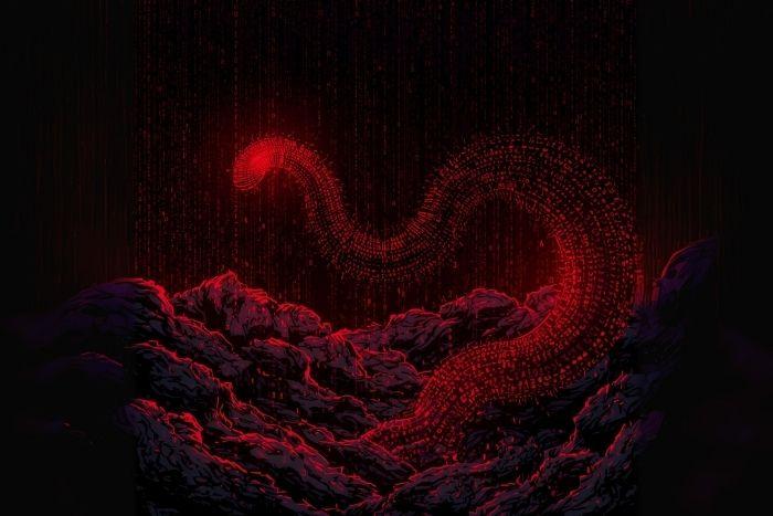 Mitigating Risks from the Shai-Hulud NPM Worm A red, digital worm in a digital landscape.