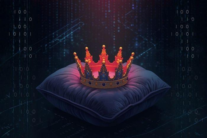 Payouts King Takes Aim at the Ransomware Throne A crown against a dark, digital background.