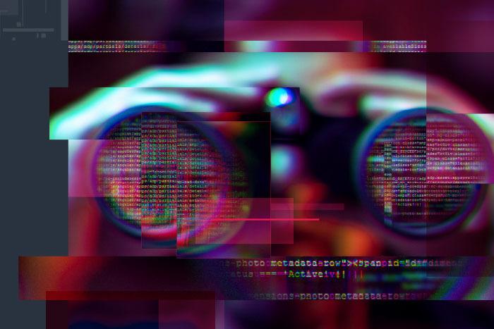 Encrypted attack predictions for 2025 dark image showing binoculars and code