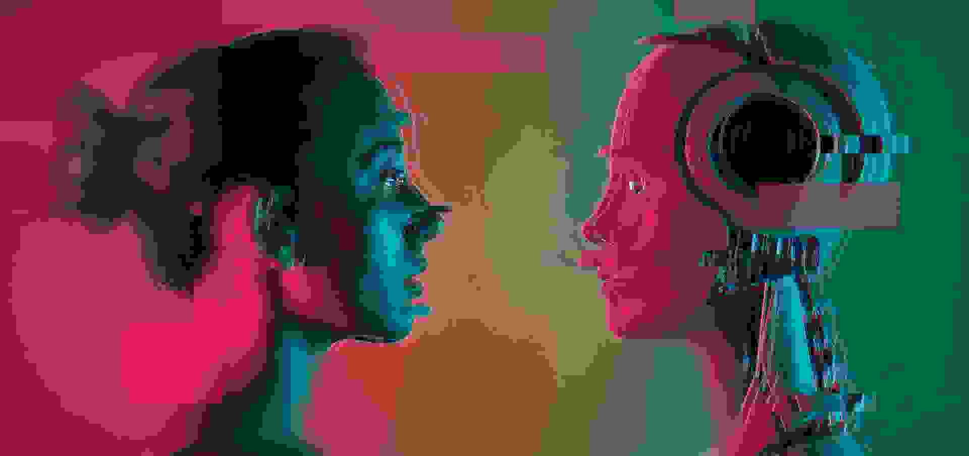 woman face-to-face with AI humanoid