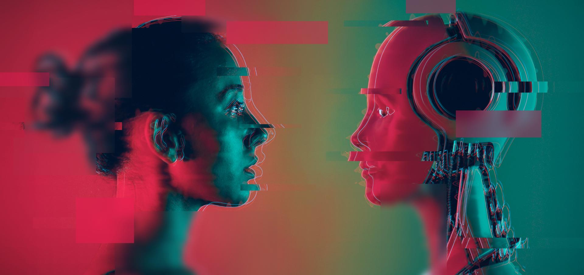 woman face-to-face with AI humanoid