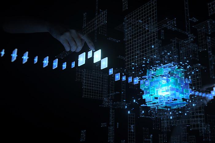 Four Areas of Focus for Orgs to Make Successful Transition to PQC A hand reaches from the void and points towards a cluster of data