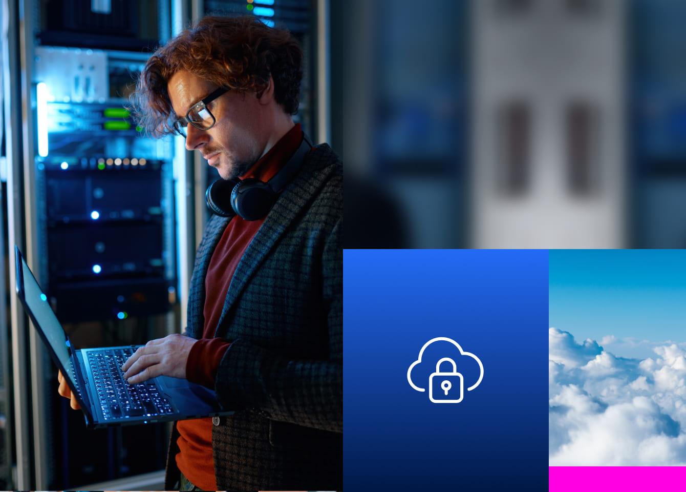 A man with glasses standing behind a server using a laptop to work on their cloud security