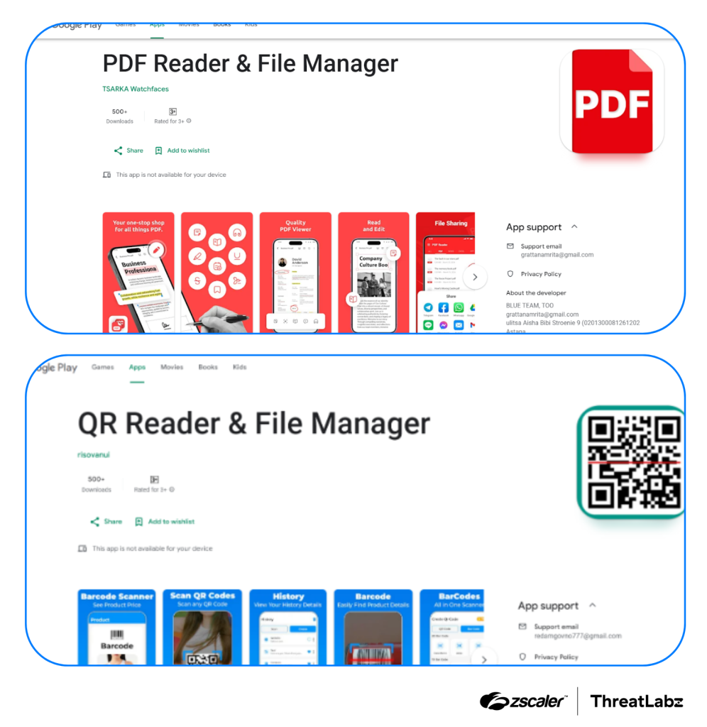 Figure 2: Malicious installers disguised as a legitimate PDF reader and QR code reader in the Google Play store.