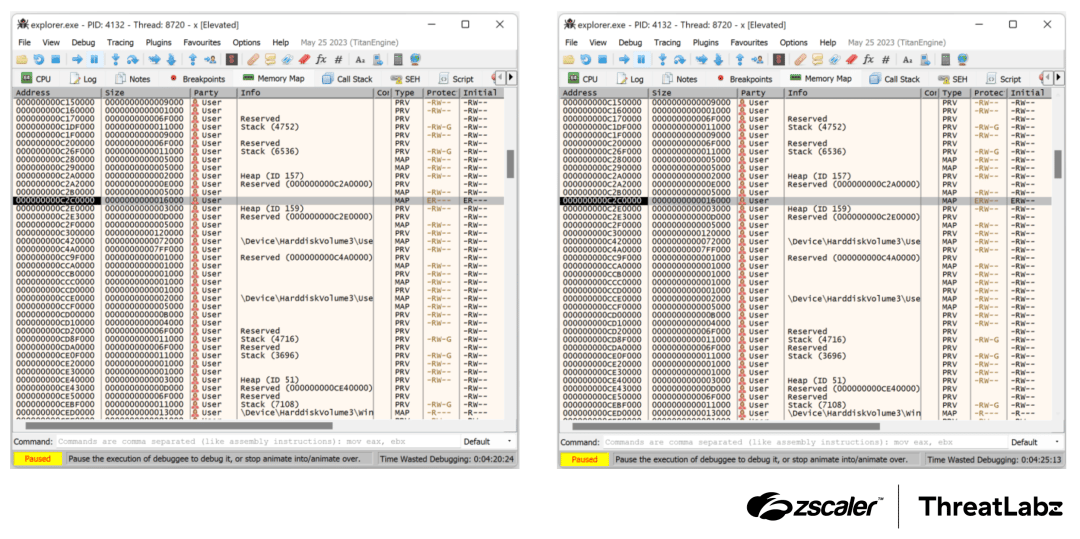 Figure 2: SmokeLoader section with default privileges (left) and the same section remapped with the addition of write permissions (right).