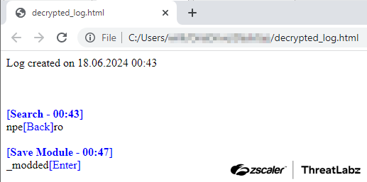 Figure 7: Example decrypted key log data created by BlotchyQuasar.